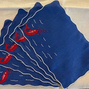 Blue and Red Fish Embroidered Cocktail Napkins